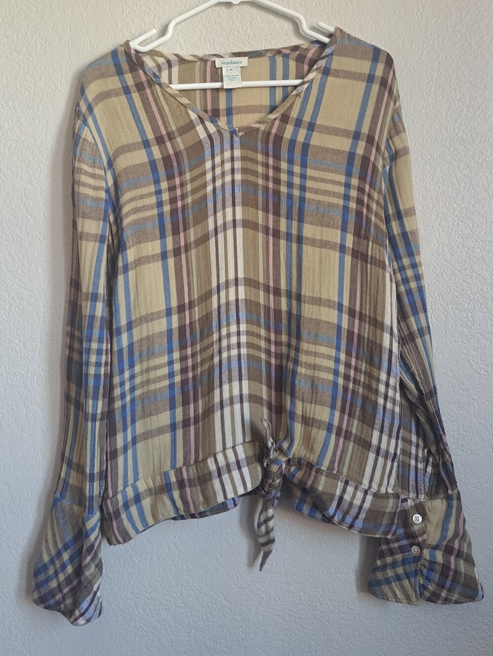 Sundance Green Blue Plaid Tie Waist Bell Sleeve Longsleeve Size Medium